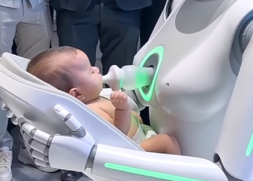 로봇의 가슴에서 분유를 먹는 신생아